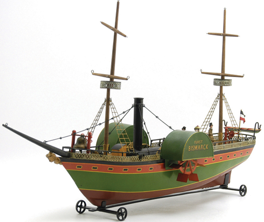 Rock & Graner Furst Bismarck steam-driven tin ship, 33½ inches in overall length, $23,000. Bertoia Auctions image.